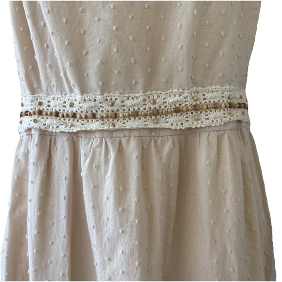 Coquette‎ Midi Sun Dress Women's 14 Embroidered Cotton Beaded Waist Neutral Boho - Picture 2 of 12